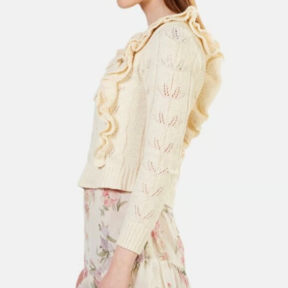 Womens LoveShackFancy Kennie Cream Double Bows  Ruffled Trim Sweater XS - Picture 2 of 11